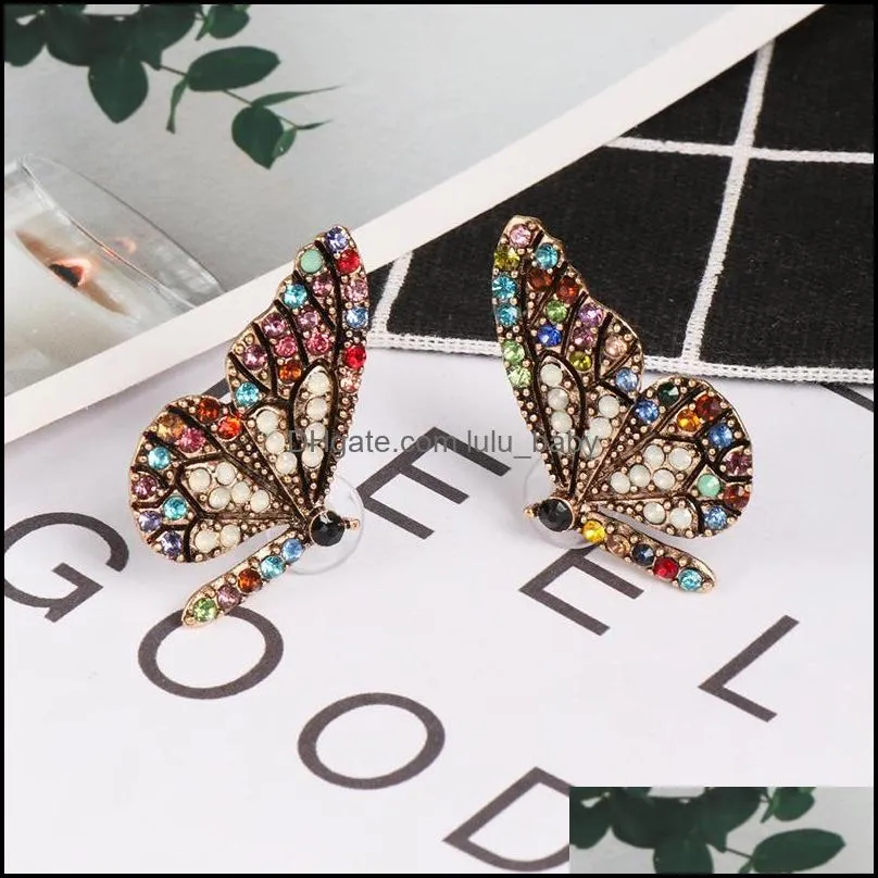 hot sale butterfly wing stud earring for women elegant colorful crystal ear nail simple temperament gold plating earring jewelry gift