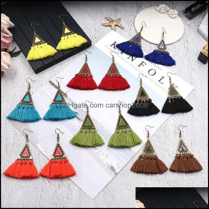 2019 vintage ethnic triangle tassel dangle earrings for women bohemian long fringed geometric drop earring statement jewelry gift