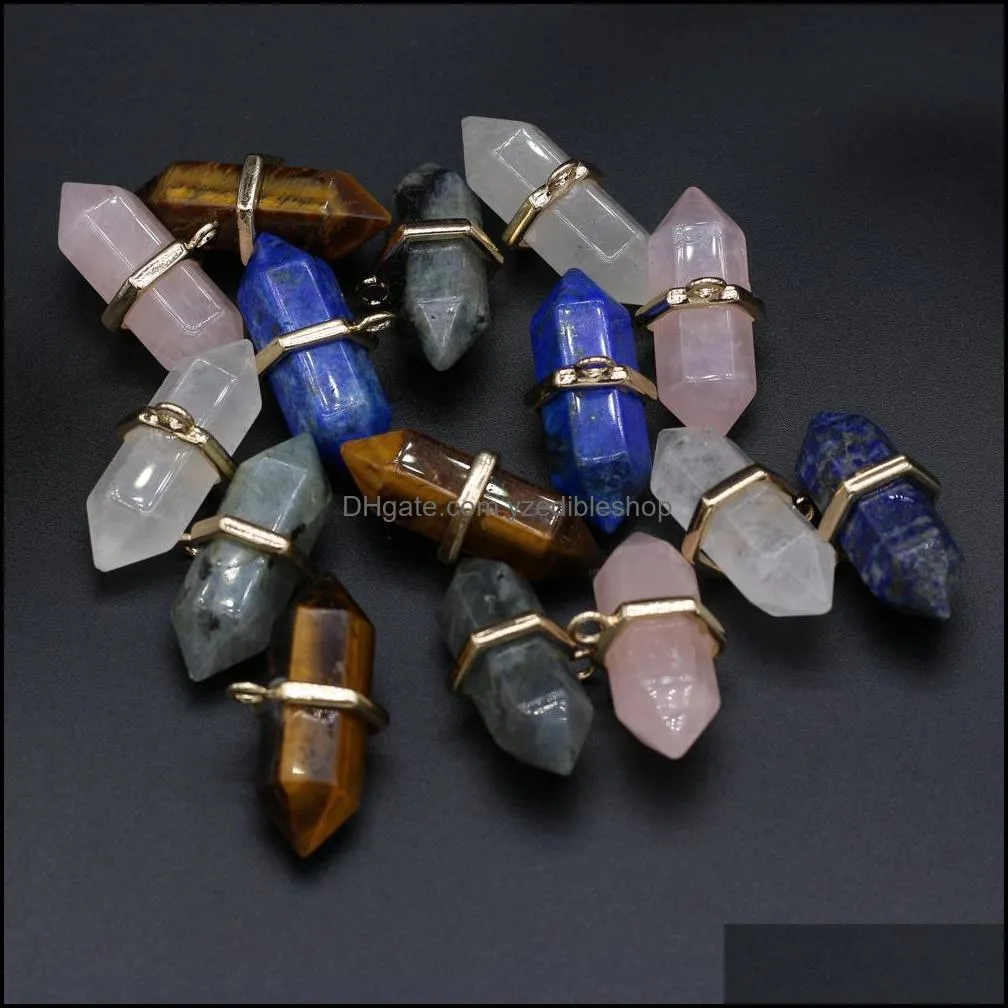 reiki healing pendulum hexagon prism crystal natural stone charms bullet quartz pendant for women men necklace diy finding jewelry