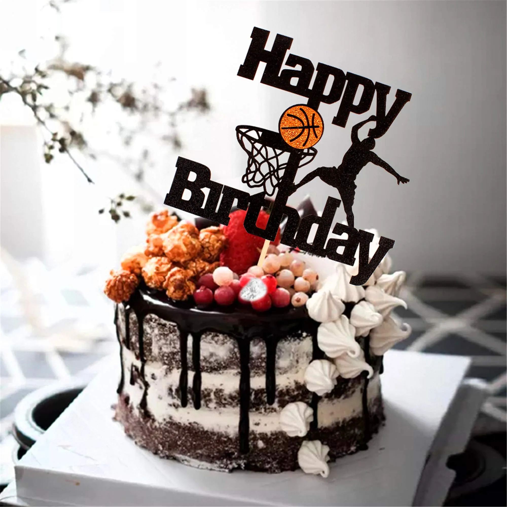 3ml basketball happy birthday cake topper basketball scene themed cake fruit picks for man boys father birthday event party supply black glitter decorations