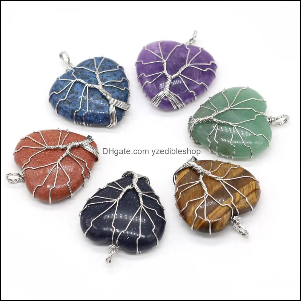 7 chakra love heart stone wrapped tree of life energy charms healing crystal reiki pendant for necklace jewelry making