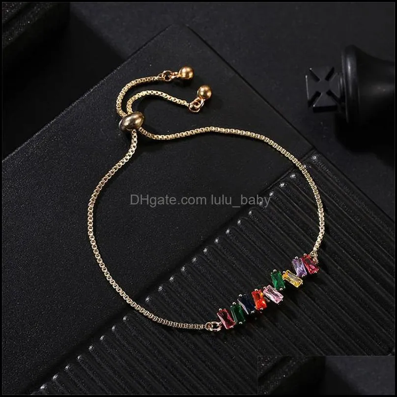 women girls gold rainbow bar crystal charm bracelet adjustable chain tennis colorful cubic zirconia bangle party wedding bracelet