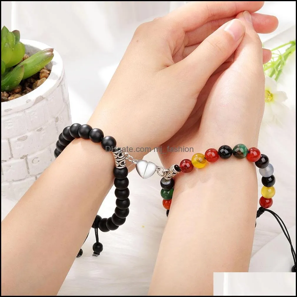 2pcs/set couples friendship jewelry heart distance magnet strands bracelets natural agate stone yoga beads bracelet bangles for women mens lover gifts