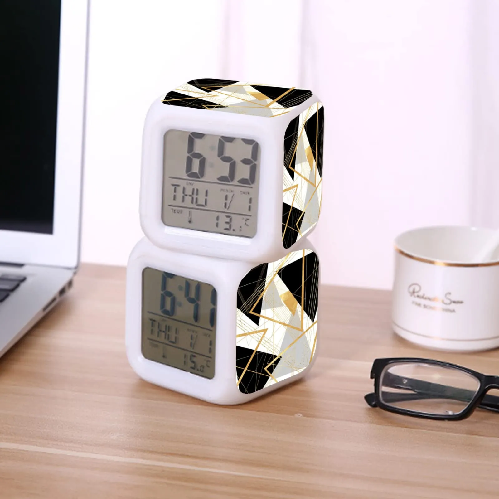 kids alarm clock black and gold geometric digital alarm clock with thermometer function 7color night light for boys girls women men