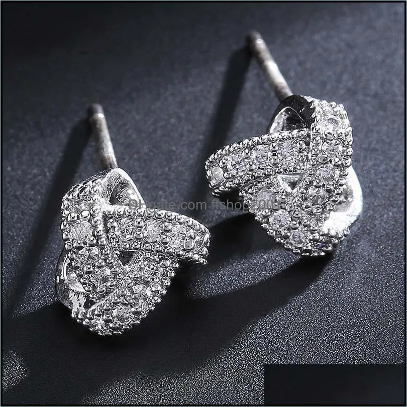fashion korean designer 925 silver needle knot stud earrings for women girl cubic zirconia earring elegant bride wedding party