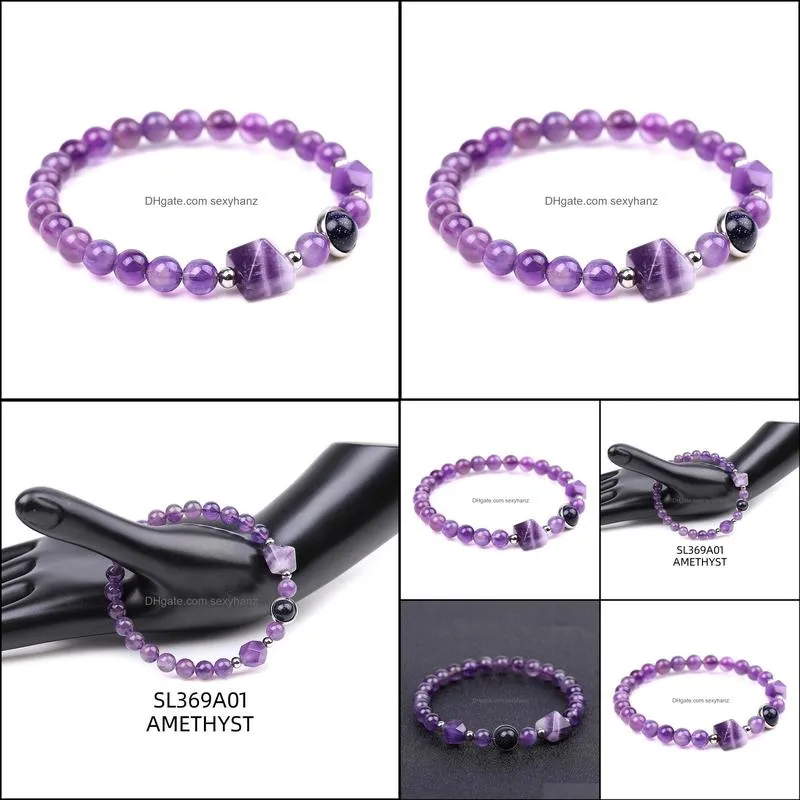 8mm Natural stone Beaded Strand Bracelet Amethyst Crystal Pyramid Charms Chakra Yoga Jewelry for Women Men