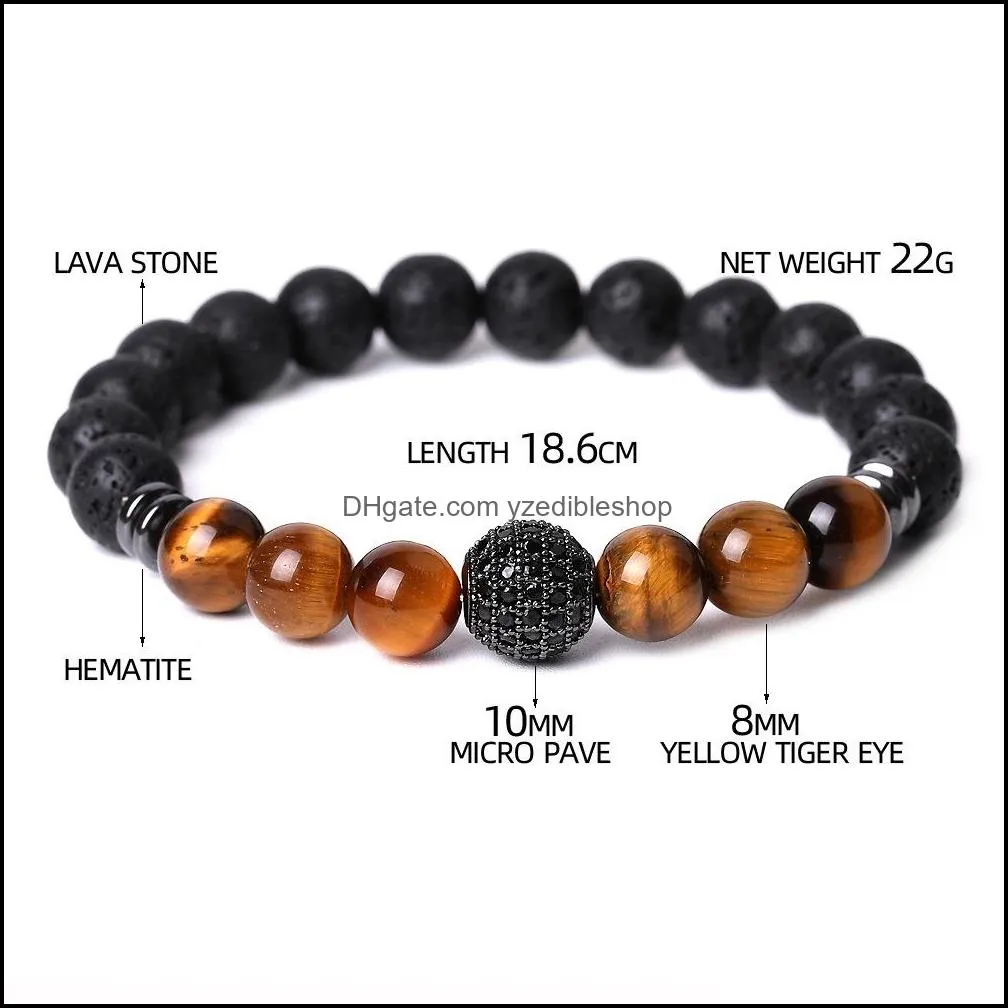 cubic zircon ball hand jewelry tiger eye lava stone bead bracelet elastic stretch men bracelets