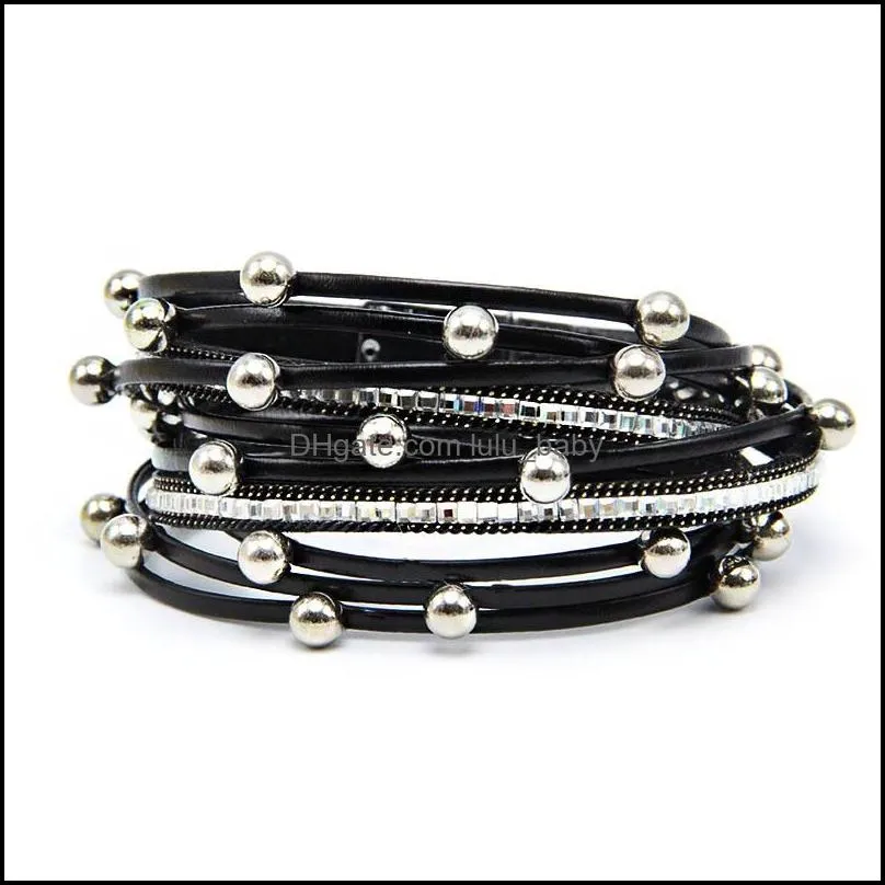 high quality blink beads wraped multilayer pu leather bracelet for women blue gold black silver grey magnetic clasp bracelet jewelry