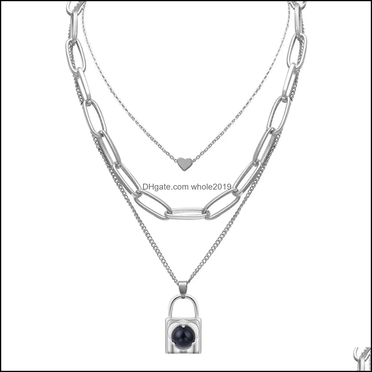 Chunky Punk Silver Chain Choker Cuban Link Statement Jewelry for Women and Girls Layered Gemstone CAB Alloy Lock Pendant Necklace