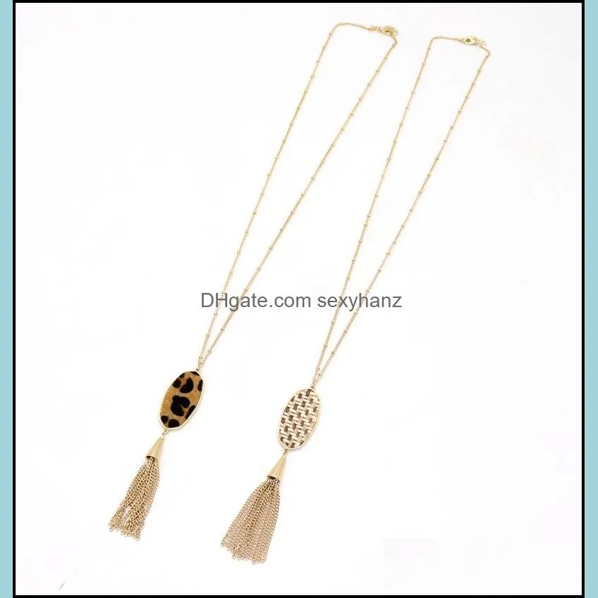 Designer Oval Hexagon Pendant Tassel Necklaces Straw Leopard Print Braided Sweater Long Chian Necklace  Jewelry
