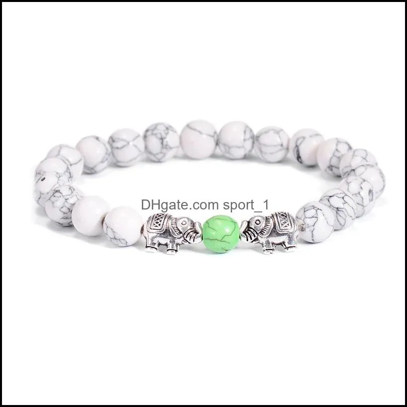 Fashion Silver Elephant Charm Beads Bracelet Unique Colorful Natural Stone Strand Distance Bracelets For Men Women Jewelry
