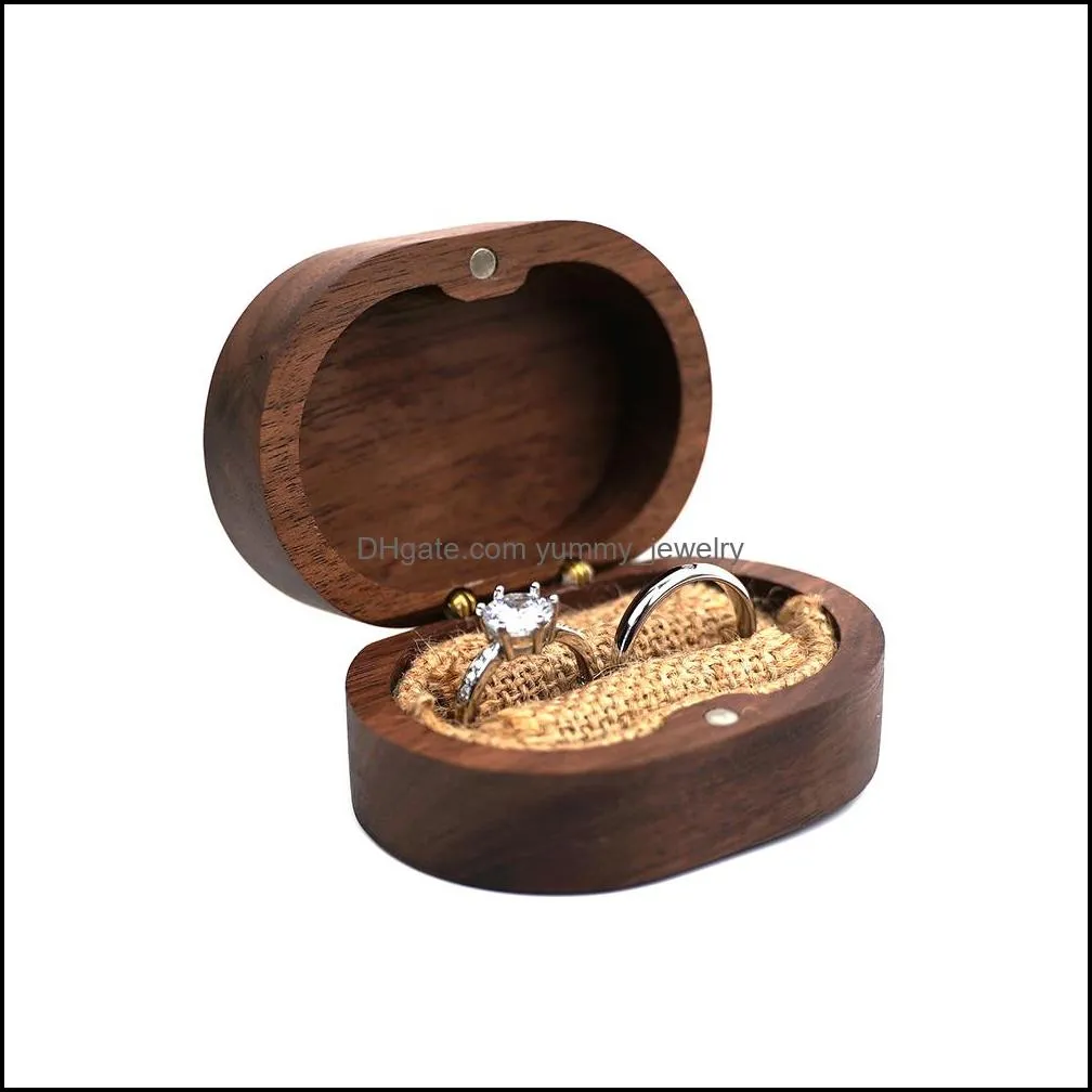 Wedding Wood jewelry Ring Bearer Retro Vintage Wooden Holder Customized Gift Case Natural Walnut Creative Magnetic Cover Couple