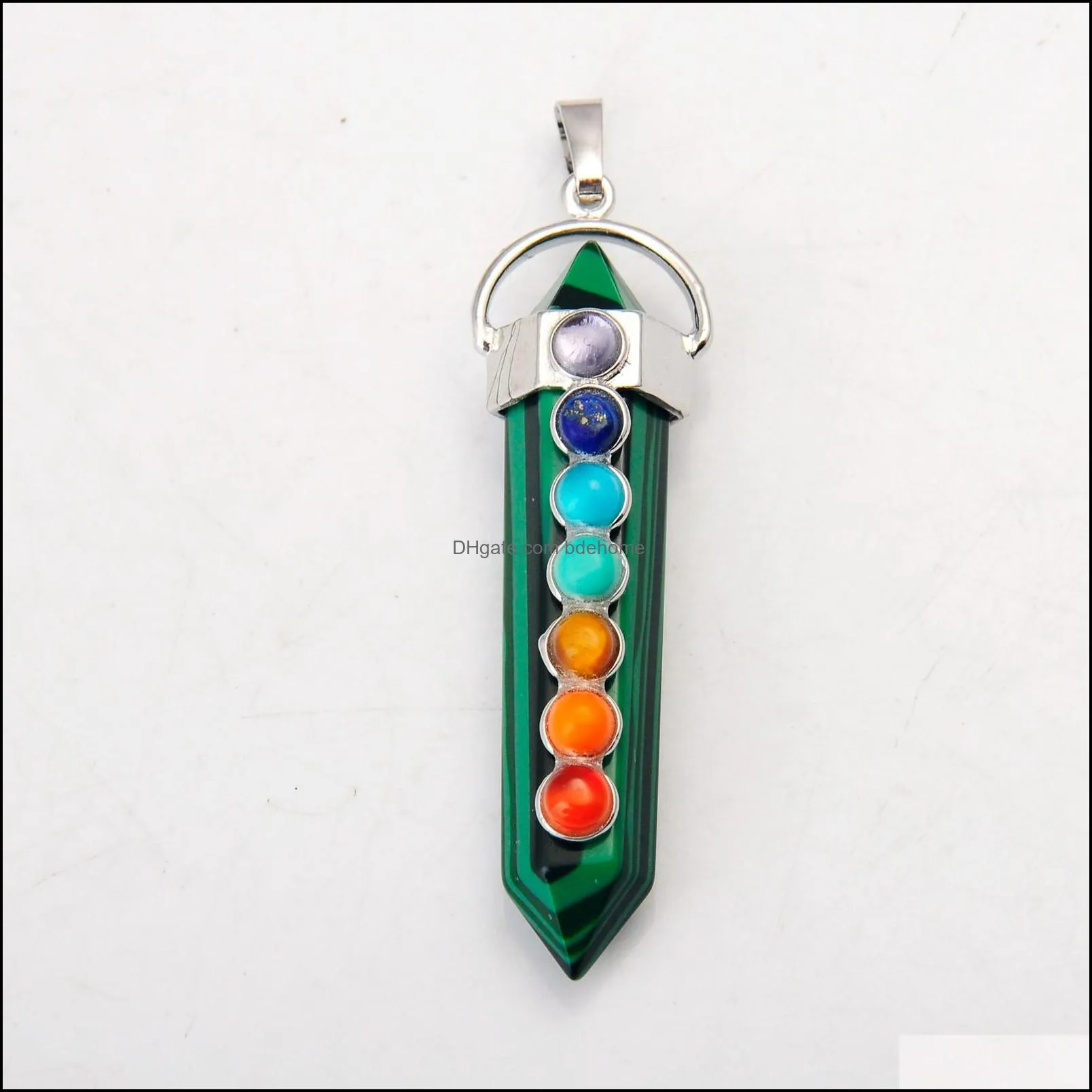 wholesale malachite hexahedron reiki point pendants with 7 chakra crystal gemstone for women men jewelry necklace