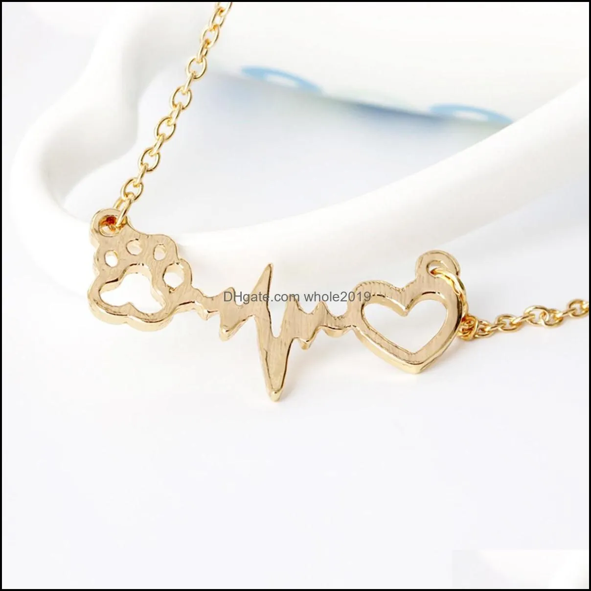 Love Bear Paw Dog Footprint ECG Heart Beat Necklace Women Bling Clavicle Chain Jewelry Gift