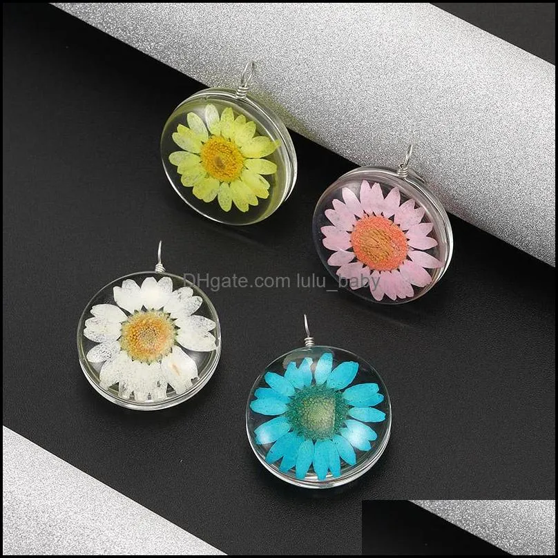 fashion 30mm dried flower small daisy pendant charm for necklace earring colorful transparent round shape jewelry accessories