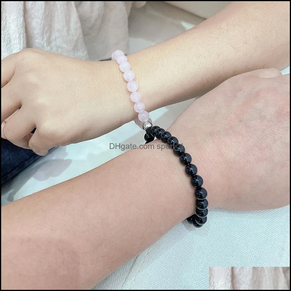 Women Men Lover Chic Magnet Friendship Bracelets for Couples 8mm Pink White black Stone Stretchy Beaded Bracelet Statement Jewelry