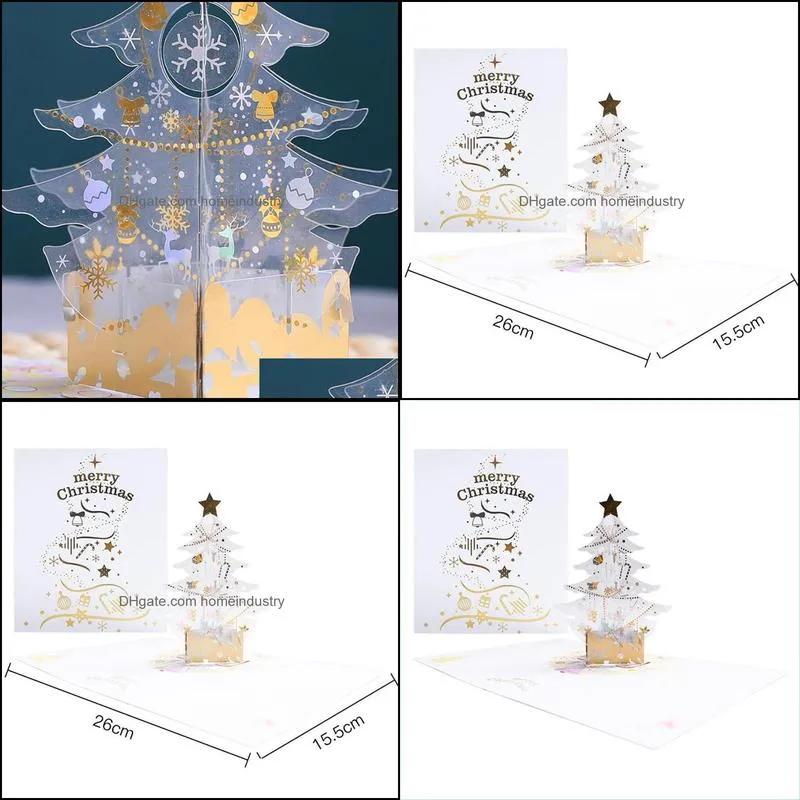 Greeting Cards Crystal Christmas Tree With Envelope 3D -Up Merry Xmas Card Santa Claus Snowflake Postcards For Kid Gril Gift