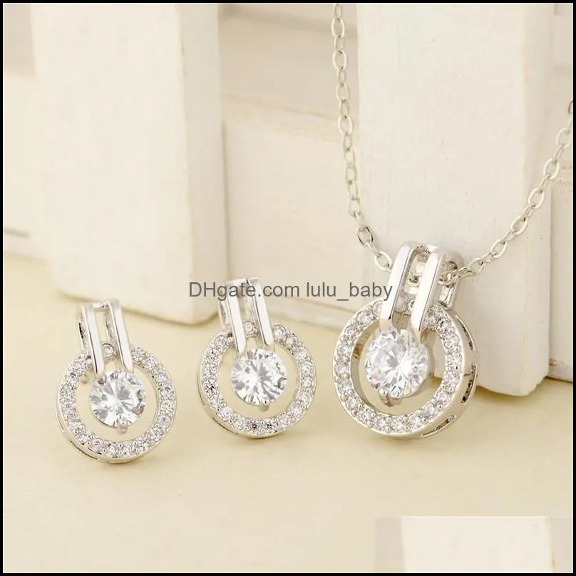 jewelry set bridesmaid wedding fashion cubic zirconia shiny rhinestone pendant necklace and stud earrings set round 3a cz jewelry gift