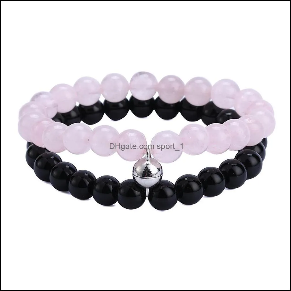 Women Men Lover Chic Magnet Friendship Bracelets for Couples 8mm Pink White black Stone Stretchy Beaded Bracelet Statement Jewelry