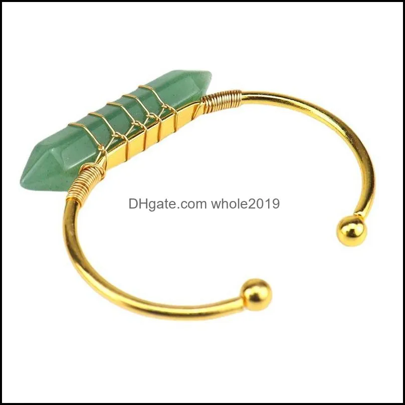 Hexagonal Point Gemstone Cuff Bracelet for Women Girls Handmade Gold Wire Woven Lift of tree Healing Chakra Crystal Friendship Bangle Charms