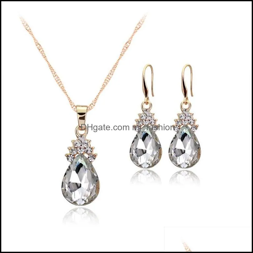 sale rhinestone crystal waterdrop pendant earring necklace set for women exquisite gold plaing necklace wedding party jewelry set