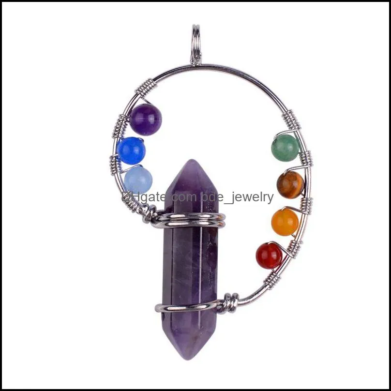 7 chakra healing crystal hexagon pointed necklace divinity metaphysical spirit green balance 12pcs/lot silver owl alloy gemstone