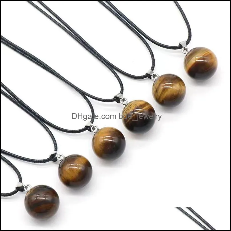 round gemstone pendants necklace natural dangle 14mm ball crystal charms healing chakra stone charm sphere jewelry 45cm black leather