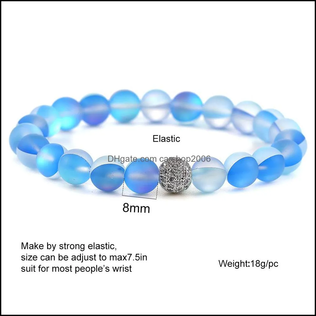 12 colors moonstone flash stone beaded bracelet for women men 8mm dull polish frosted glass beads cz micro pave ball charm bracelet