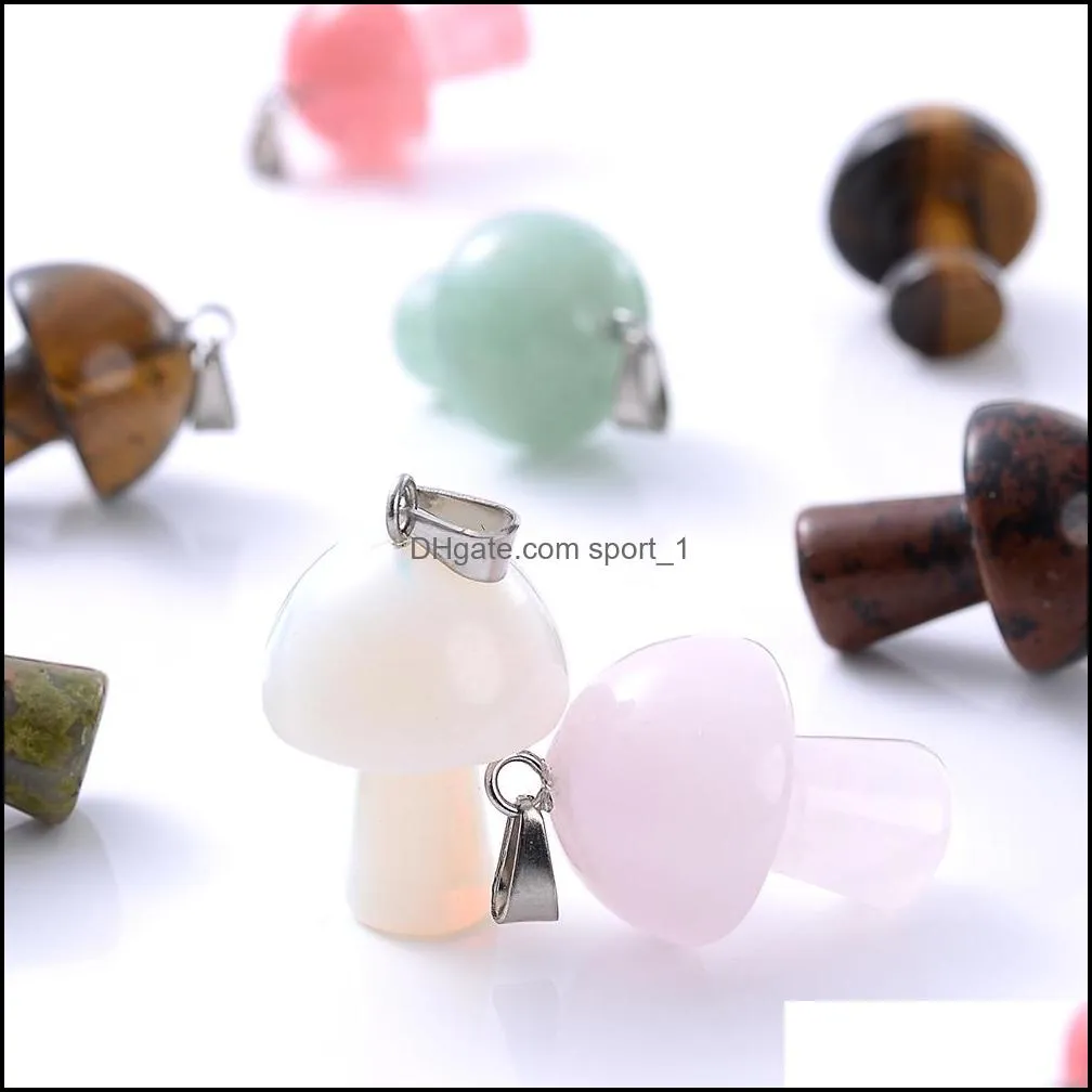 Natural Crystal Stone Mushroom Charms Rose Quartz Green Brown Stones Pendant for DIY Jewelry Making Necklace Wholesale
