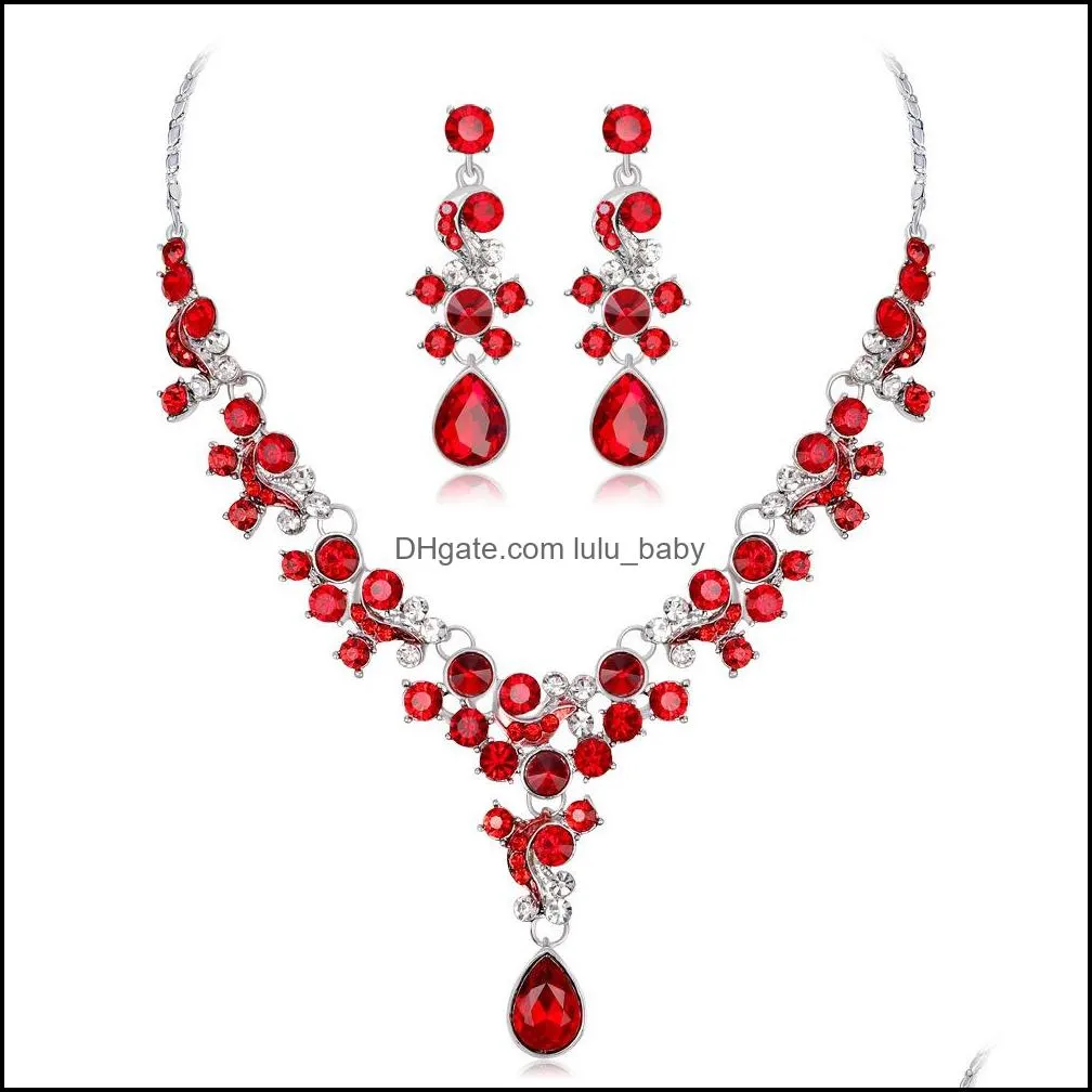 fashion necklaces multi-color crystal stone wedding engagement jewellry sets for brides silver gold color necklace earrings set to women african jewelry