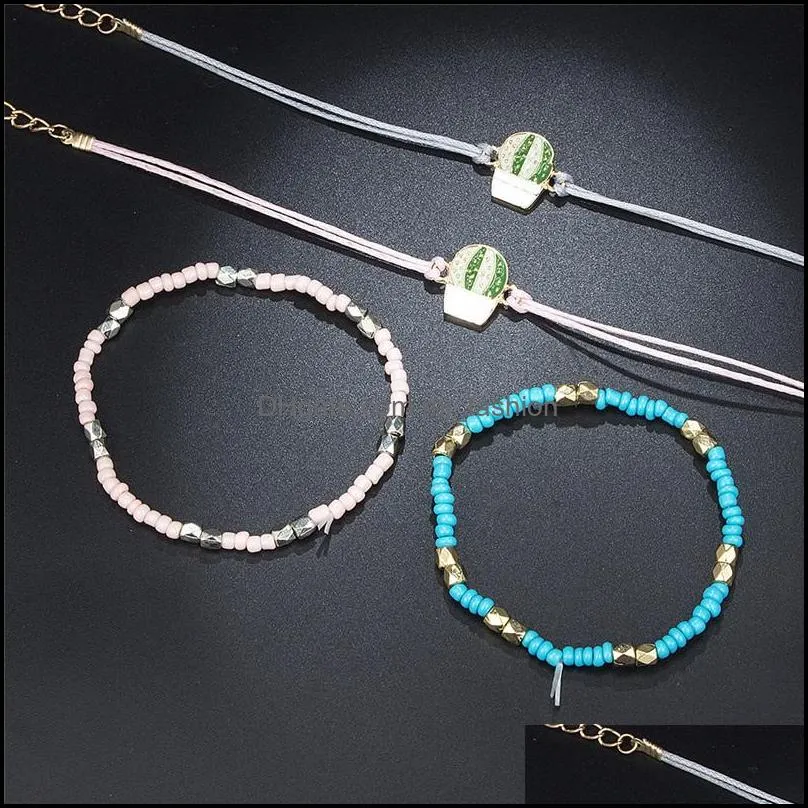 4pcs/set 2019 new cute pink blue beaded colorful rope mutilayer bracelet anklet set for women girl boho adjustable cactus layered