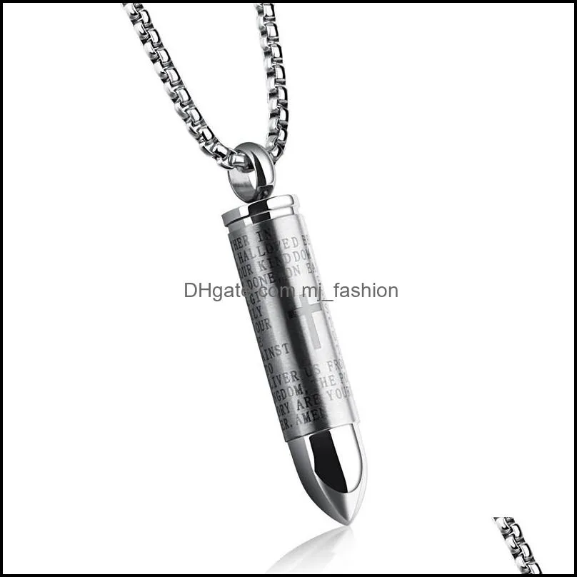 creative bullet pendant necklace for men engraved cross lord bible prayer necklace stainless steel necklace cremation ashes gift for