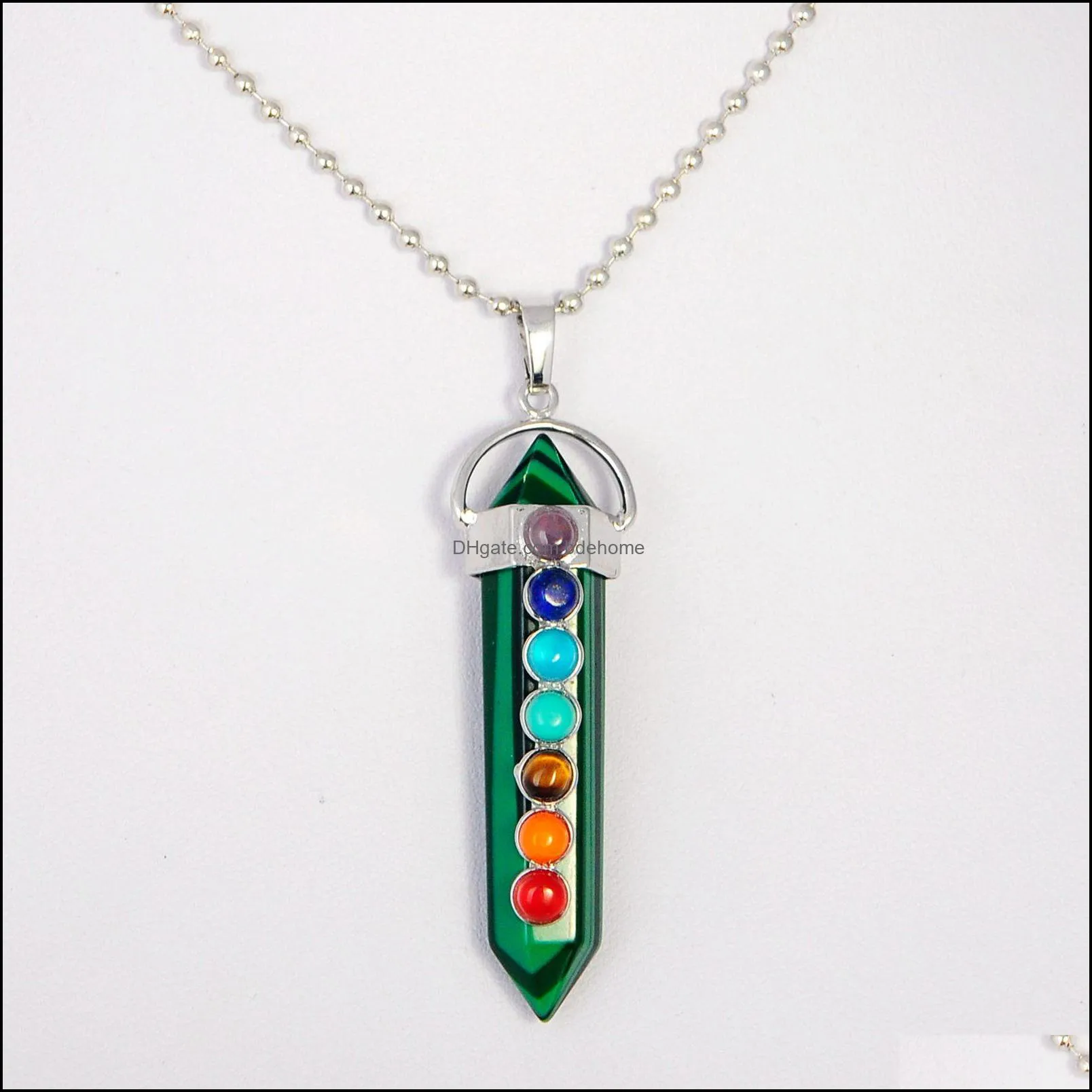 wholesale malachite hexahedron reiki point pendants with 7 chakra crystal gemstone for women men jewelry necklace