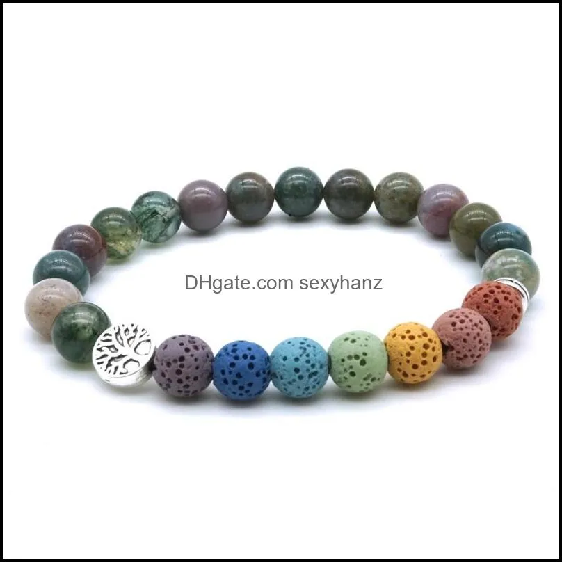 Tree of Life 8mm 7 Chakras Charms Bracelet Lava Stone Blue Purple Stripe India Beads  Oil Diffuser Bracelets Yoga Jewelry
