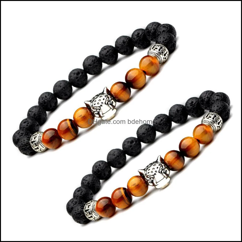 men`s natural black lava rock beads leopard head beads charm bracelet 8mm