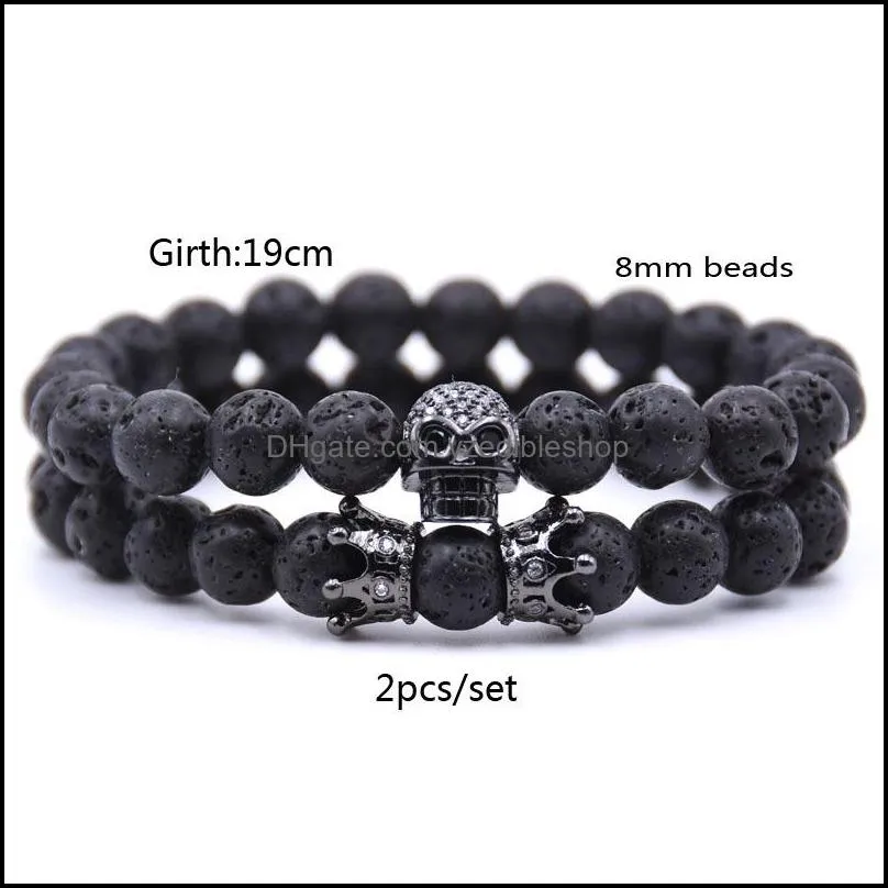 10pc/set lava stone skeleton bracelet beads bracelet for men women with cubic zircon double crown natural stone handmade jewelry