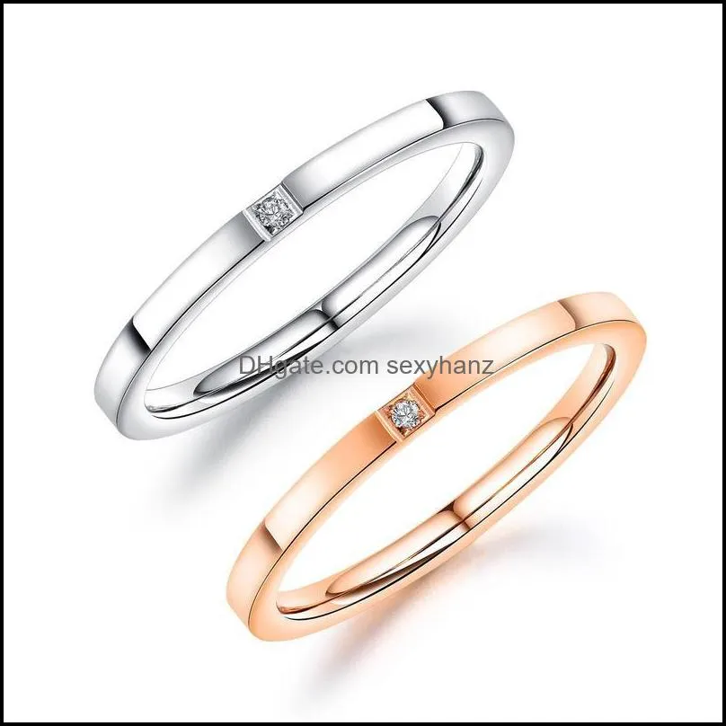 newest fashion 2mm stainless steel band rings for women men pickable 4-9 size with single drill shiny sliver gold color couple ring trendy jewelry wedding