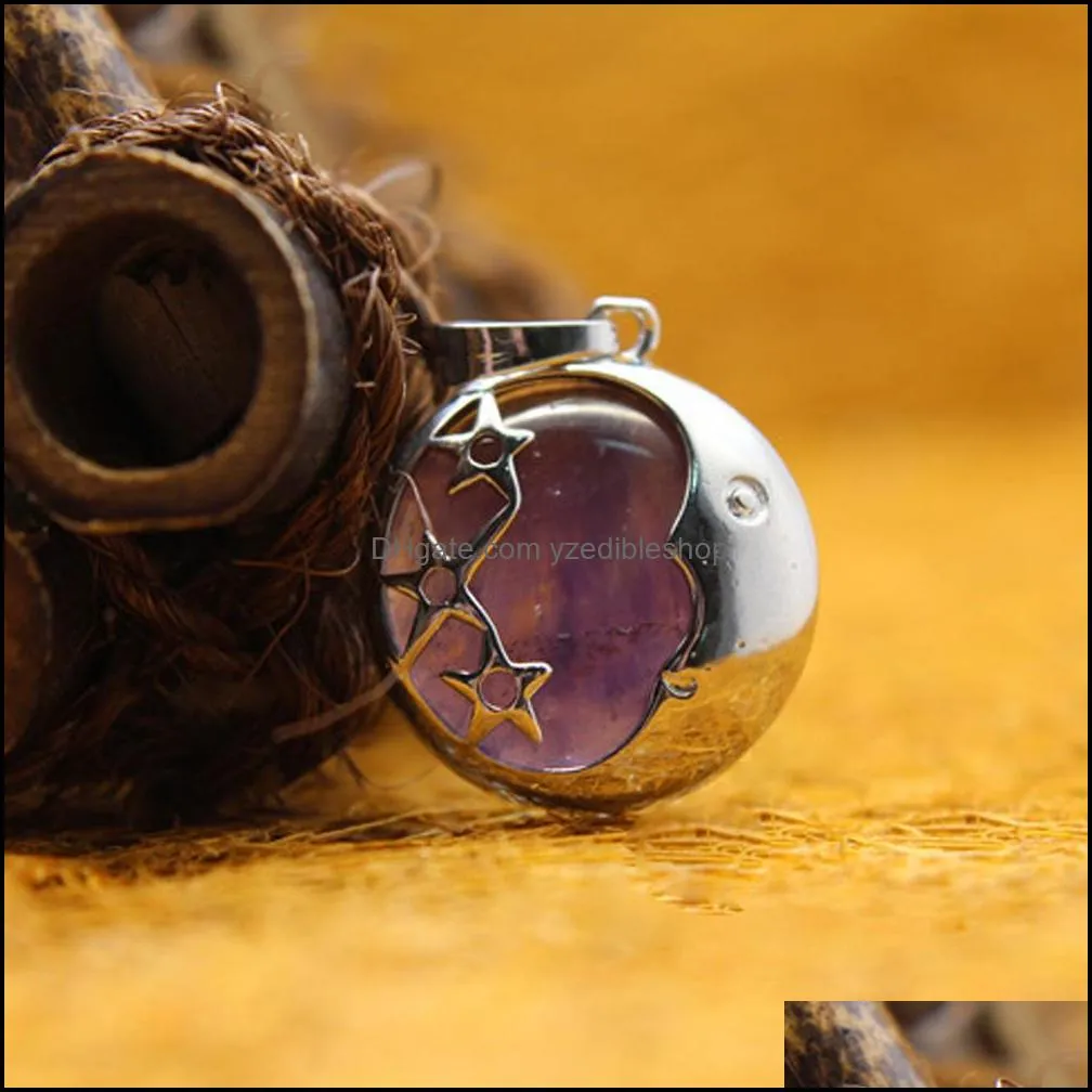 natural gemstone moon and star pendant necklace silver alloy round shape charm jewelry unisex amethyst rose quartz tiger eye