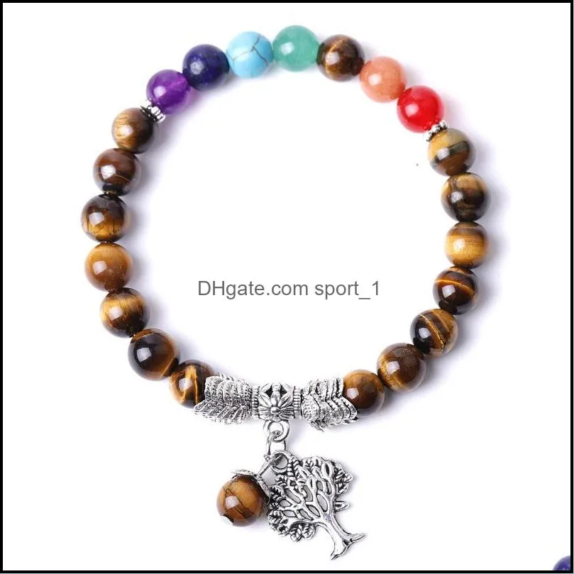 HQ Retro Tree Charms Seven Chakras Bracelet Black white turquoise Lava Stone beads Women Men Lover Energy Buddha Bracelets Jewelry