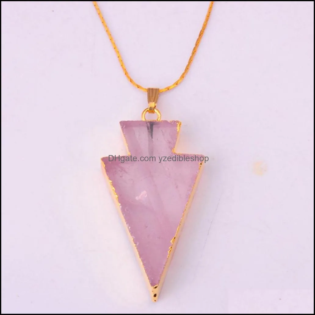 raw natural gem stone gilding arrowhead pendant necklace rose quartz amethyst