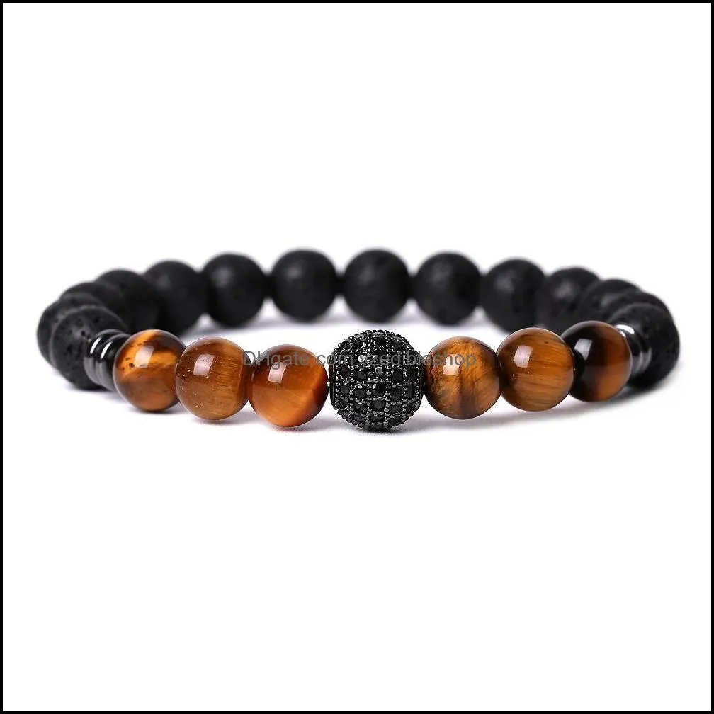 cubic zircon ball hand jewelry tiger eye lava stone bead bracelet elastic stretch men bracelets