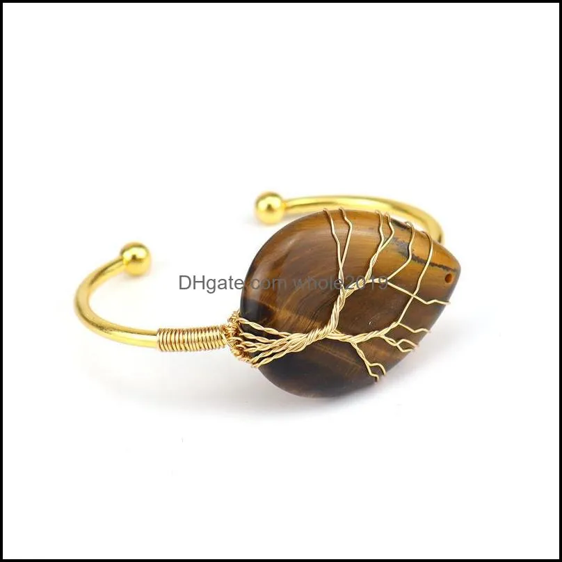 Life of Tree Waterdrop Gemstone Cuff Bracelet for Women Girls Healing Chakra Crystal Friendship Bangle Charms Jewelry