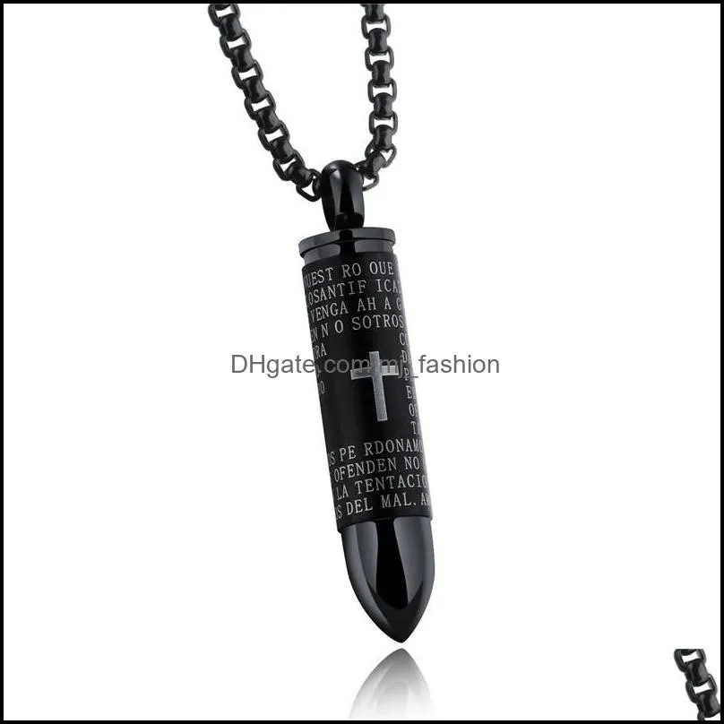 creative bullet pendant necklace for men engraved cross lord bible prayer necklace stainless steel necklace cremation ashes gift for