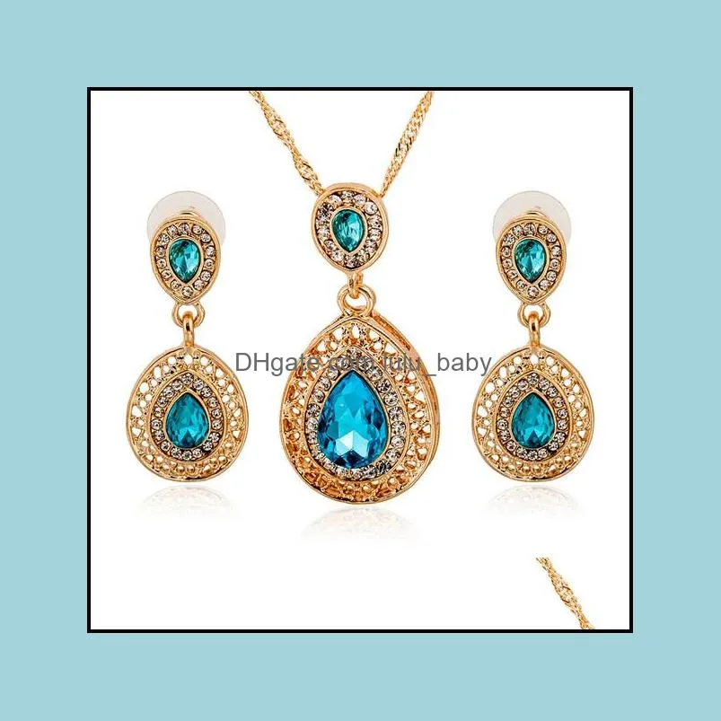 fashion crystal jewelry sets for women personality gold necklace tardrop earrings party wedding bridal jewelry set