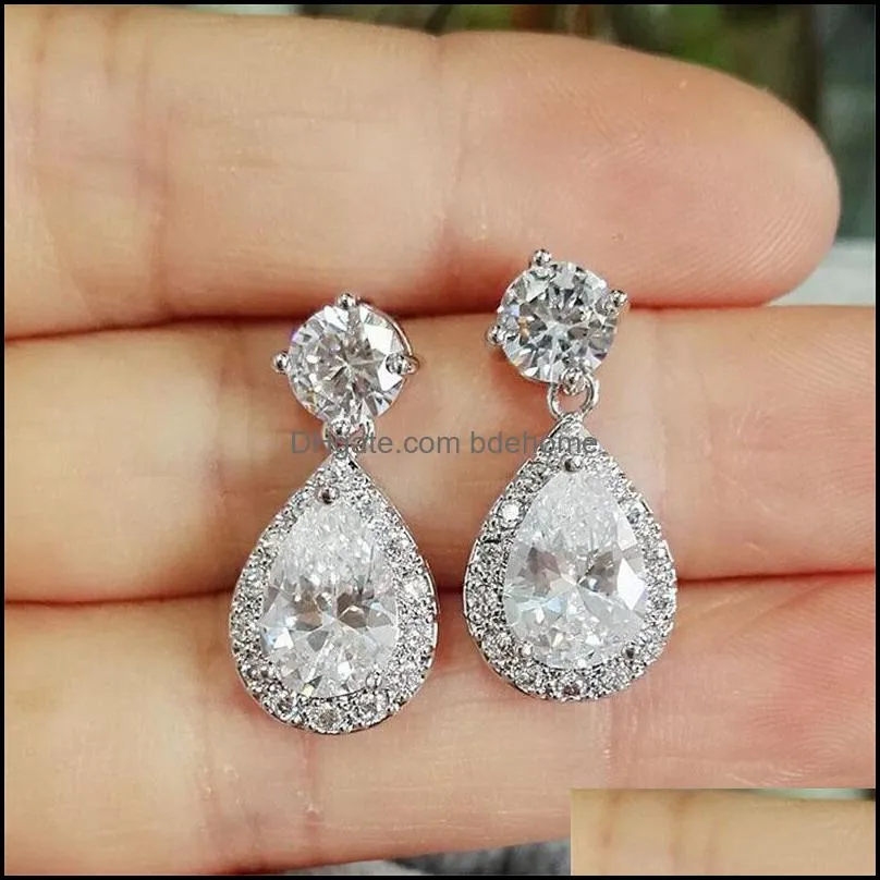 fashion teardrop 3a cubic zirconia stud earrings pendant necklace jewelry for women standard 925 sterling silver bridesmaid wedding