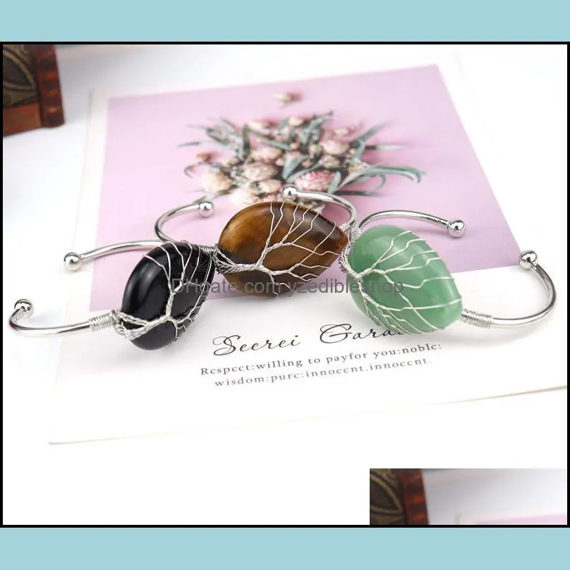 silver life of tree water drop gemstone cuff bracelet for women girls healing chakra crystal friendship bangle charms jewelry