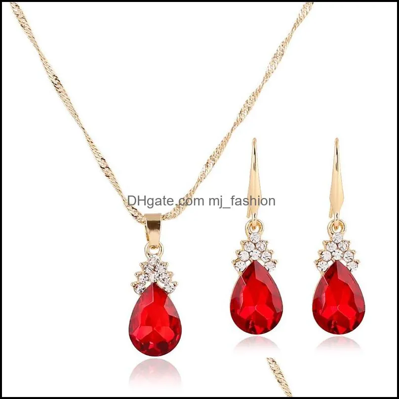 sale rhinestone crystal waterdrop pendant earring necklace set for women exquisite gold plaing necklace wedding party jewelry set