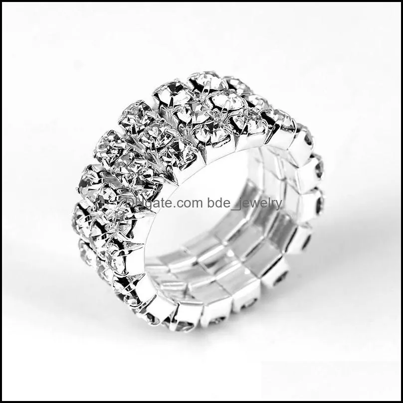 fashion 3 rows crystal rings for women men elastic finger ring creative golden silver ring party wedding couple jewelry