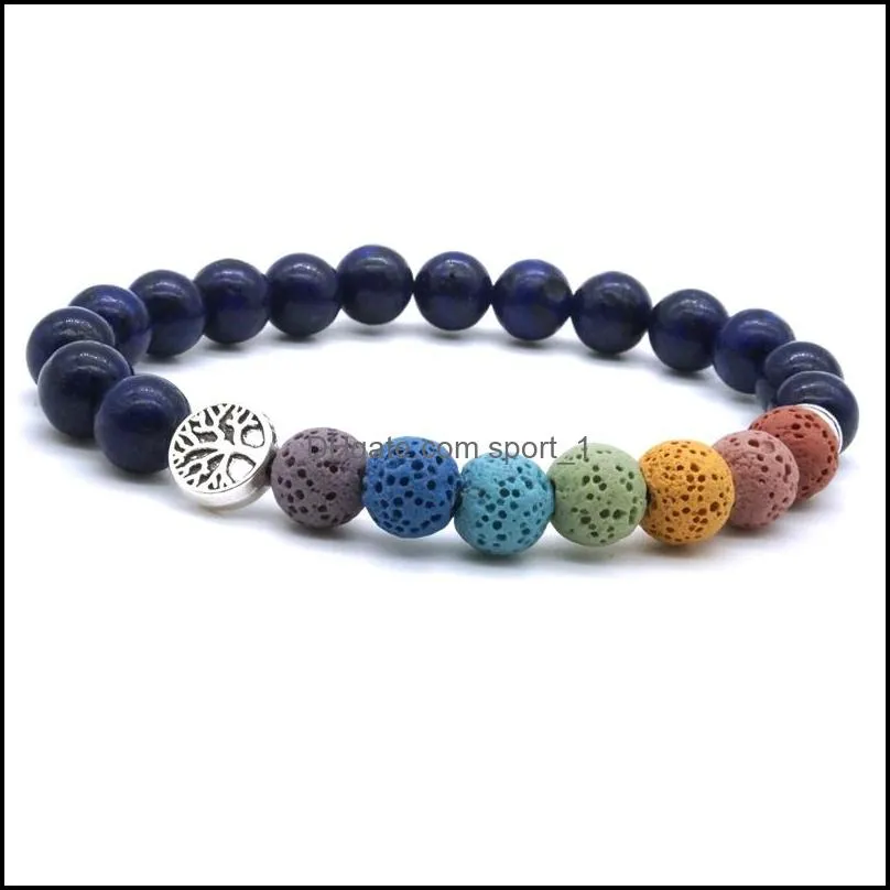 Tree of Life 8mm Seven Chakras Bracelet Lava Stone Tiger Eye Lapis Lazuli Beaded Bracelets Essential Oil Diffuser Yoga Jewelry