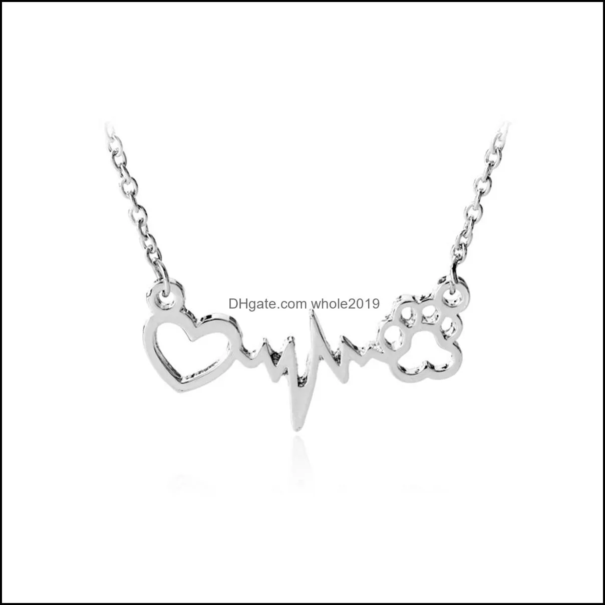 Love Bear Paw Dog Footprint ECG Heart Beat Necklace Women Bling Clavicle Chain Jewelry Gift